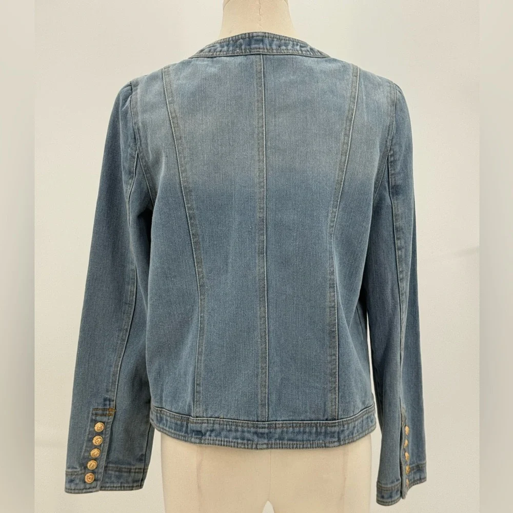 Ma Cherie Light Wash Denim Jacket with Gold Crest Buttons Chic Military Style - Picture 6 of 15